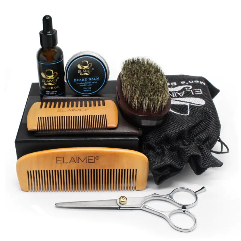 Kit d'Outils de Soins pour Barbe ELAIMEI avec Peigne et Huile (6 Pcs)