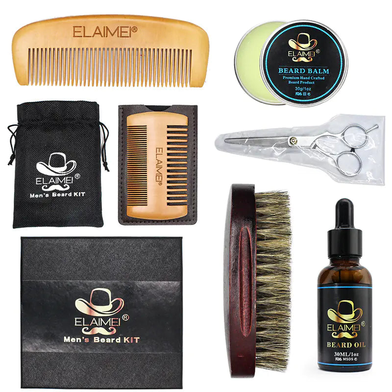 Kit d'Outils de Soins pour Barbe ELAIMEI avec Peigne et Huile (6 Pcs)
