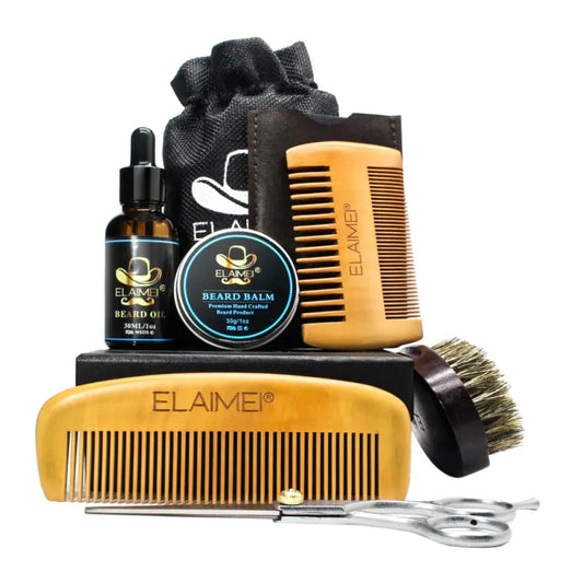 Kit d'Outils de Soins pour Barbe ELAIMEI avec Peigne et Huile (6 Pcs)